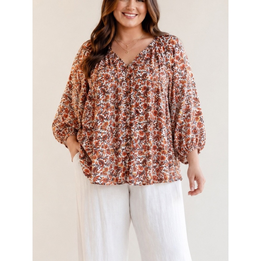 Plus Size Peasant Button Blouse 3X Balloon Sleeve Autumn Floral Boho Cottagecore